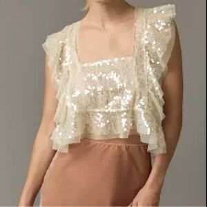 NWT Anthropologie Cream Sparkle Sequined Ruffled Cami Tank | SZ Medium